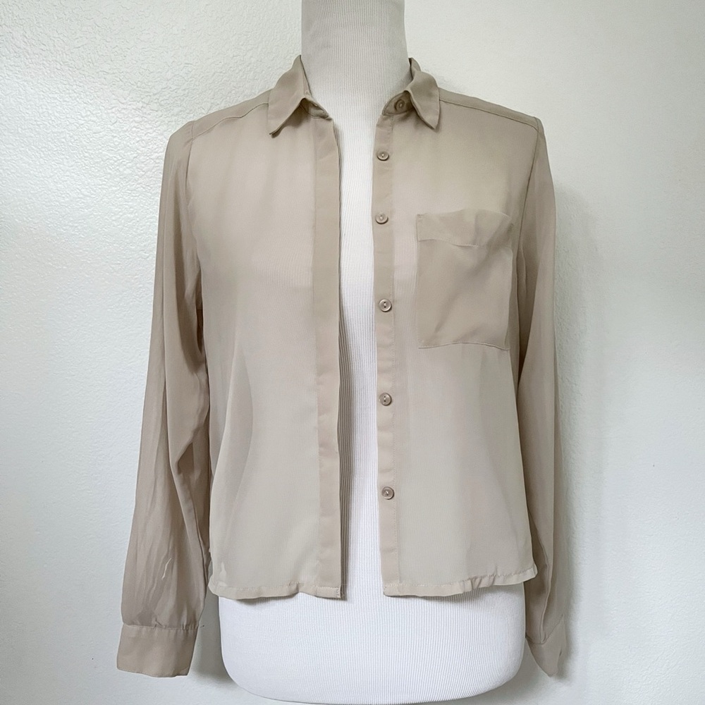 H&M - Cropped Sheer Button Up Shirt | Size 2 (XS) | Taupe